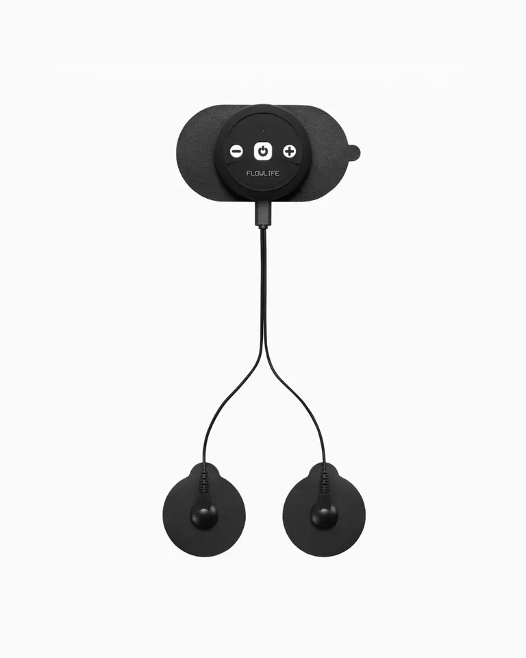 Black Flowtens Connect TENS device with three minimalist electrode pads and a central control unit for nerve stimulation.
