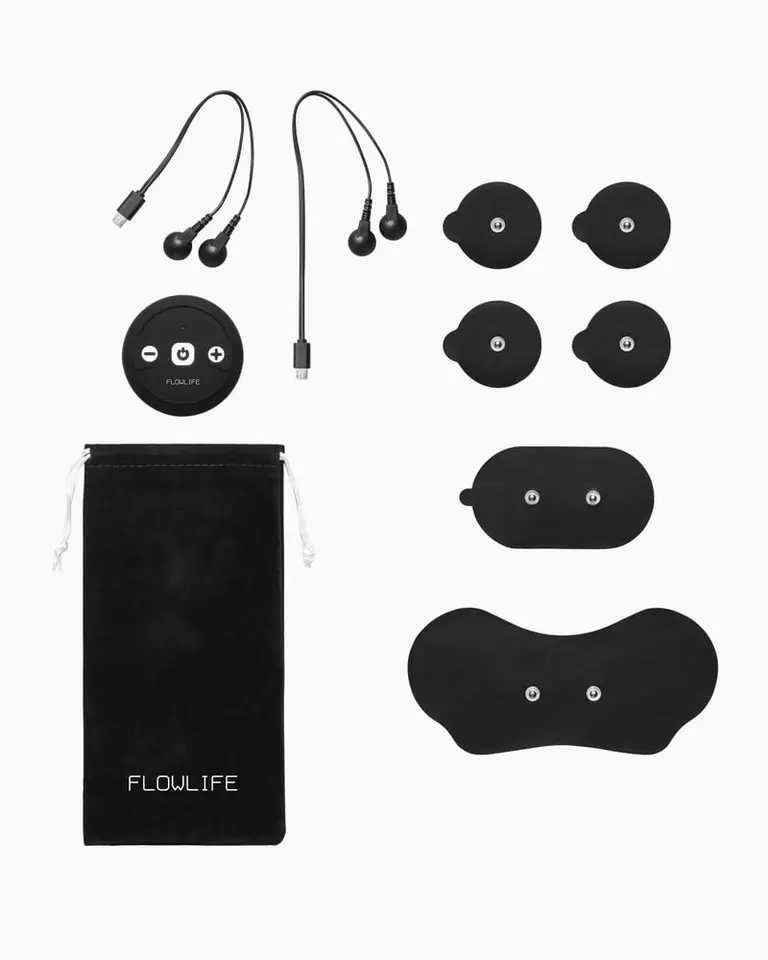 Flowtens Connect kit featuring the circular TENS unit, various black electrode pads, cables, and a branded storage pouch.