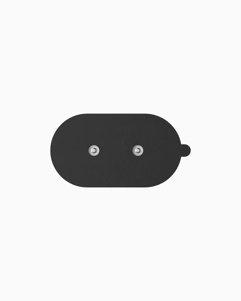 Black oval-shaped TENS PADS with two silver connectors for targeted muscle stimulation and pain relief.
