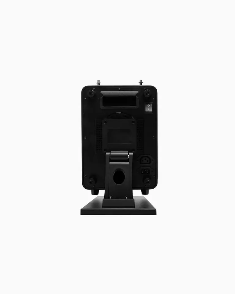 Rear view of the black Flowlight 300 Seven Waves panel featuring its integrated stand, power switch, and connectivity ports.