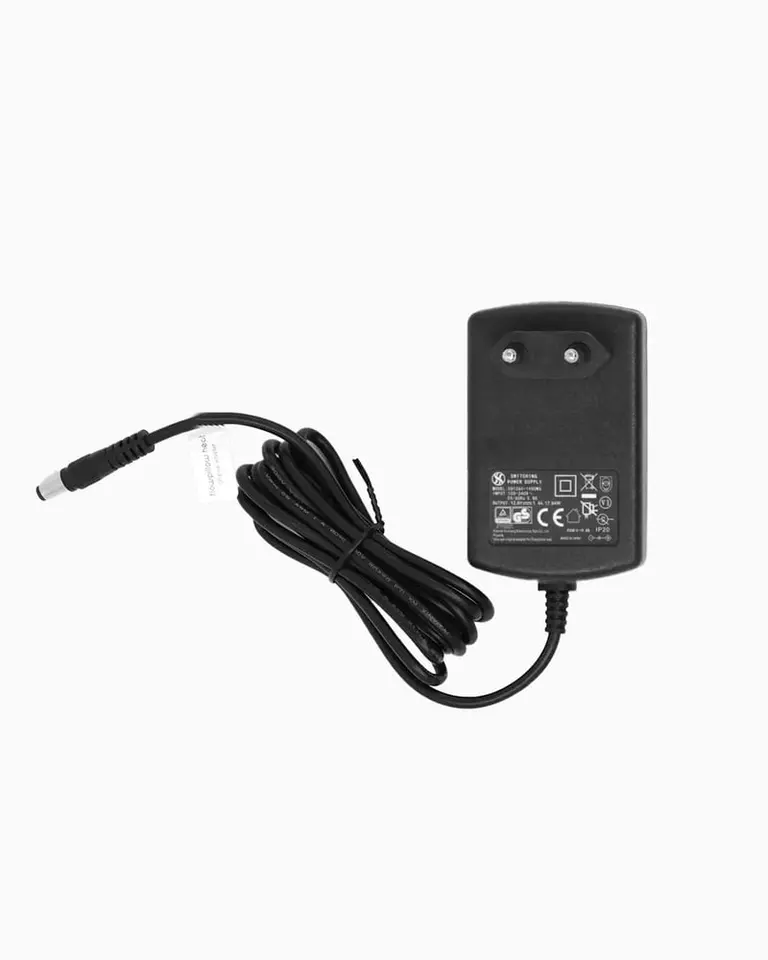 Black power adapter and charging cable with a DC barrel connector for the Flowpillow Heat massage pillow.