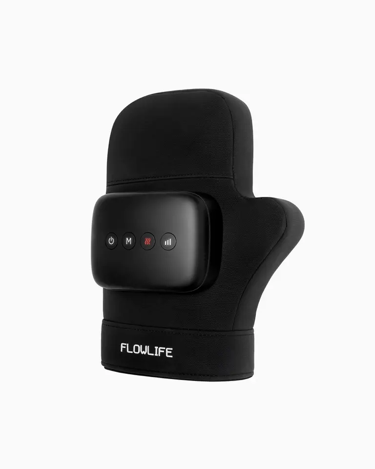 Flowpression Hand black compression massager with an ergonomic cuff and digital control panel for heat therapy.