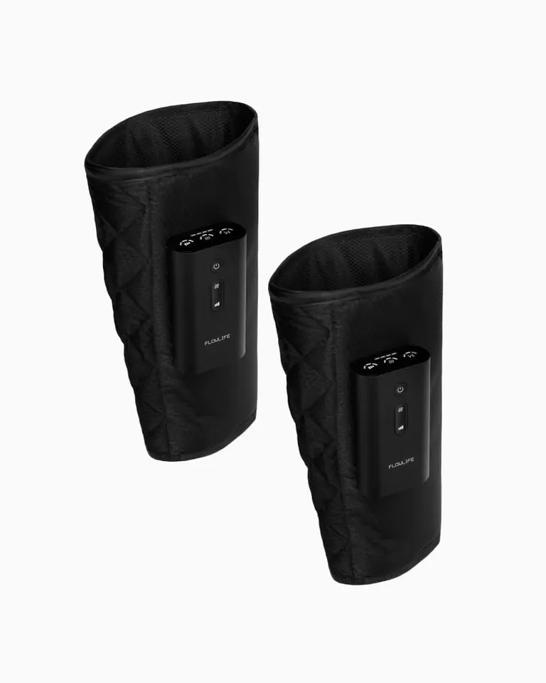 Black Flowpression Calf DUO cordless air compression sleeves with quilted fabric for synchronized lower leg recovery.