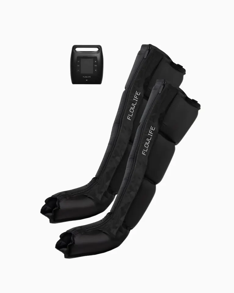 Black Flowpression Boots Pro+ with a digital control unit for pneumatic leg compression and muscle recovery.