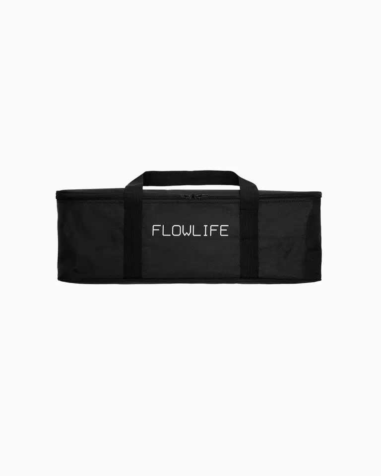 Black carrying bag for the Flowpression Boots Pro+ featuring a white Flowlife logo and durable handles.