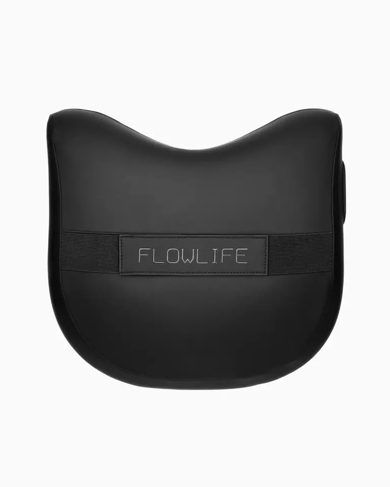 A black Flowpillow Pro shiatsu massage pillow featuring a contoured ergonomic shape and a rear elastic strap.