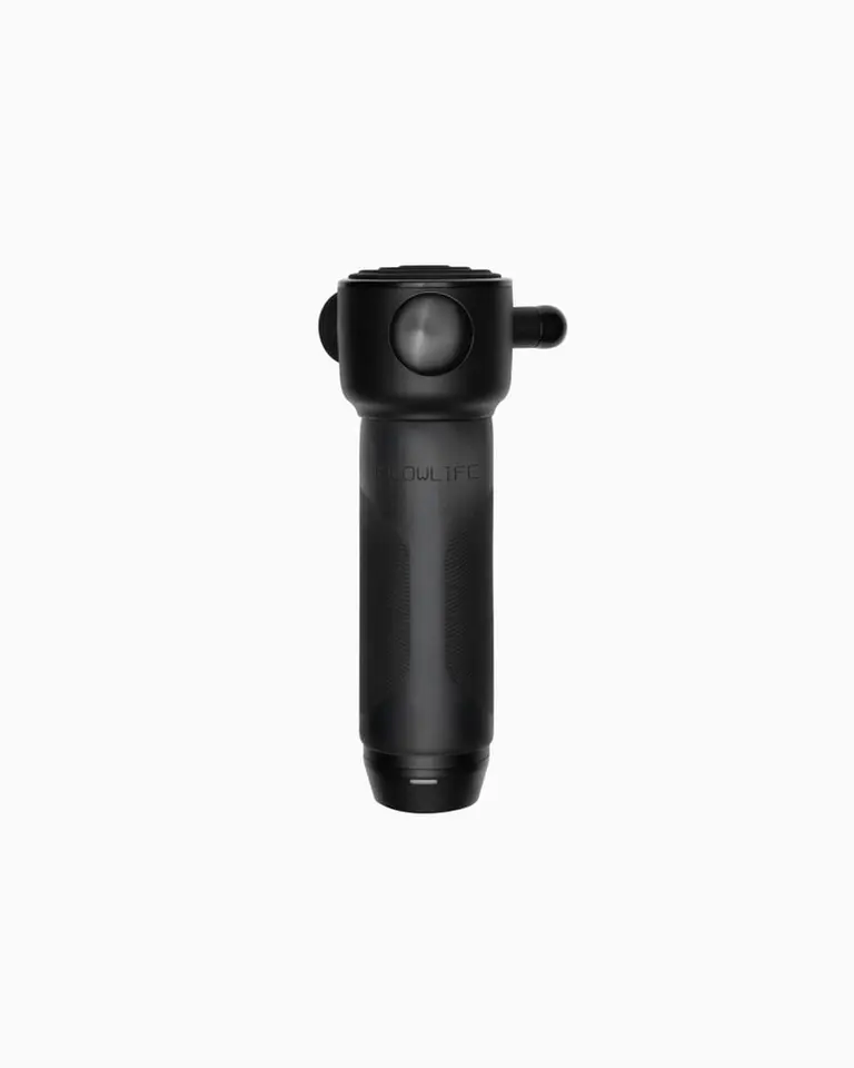 Front view of the black Flowsonic Pro, a handheld high-frequency vibration therapy device for surface-level recovery.