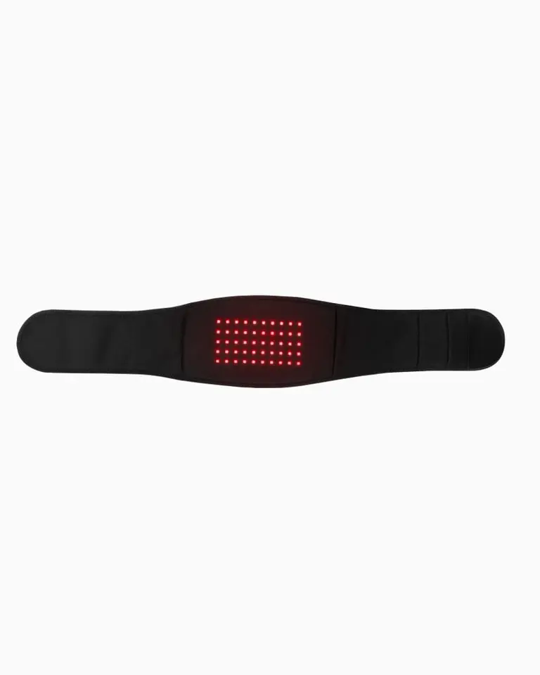 Black Flowtherma Belt shown flat with illuminated red LEDs for targeted heat and red light therapy.