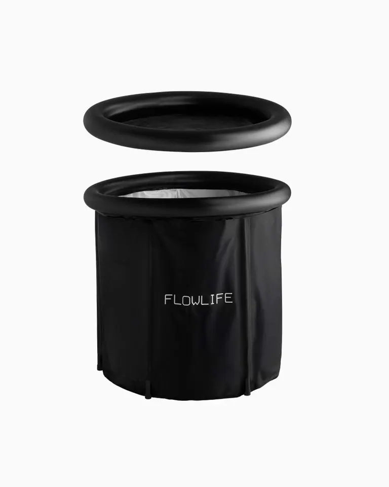 Flowplunge Go portable cold therapy tub featuring a black inflatable design and a matching thermal insulation lid.