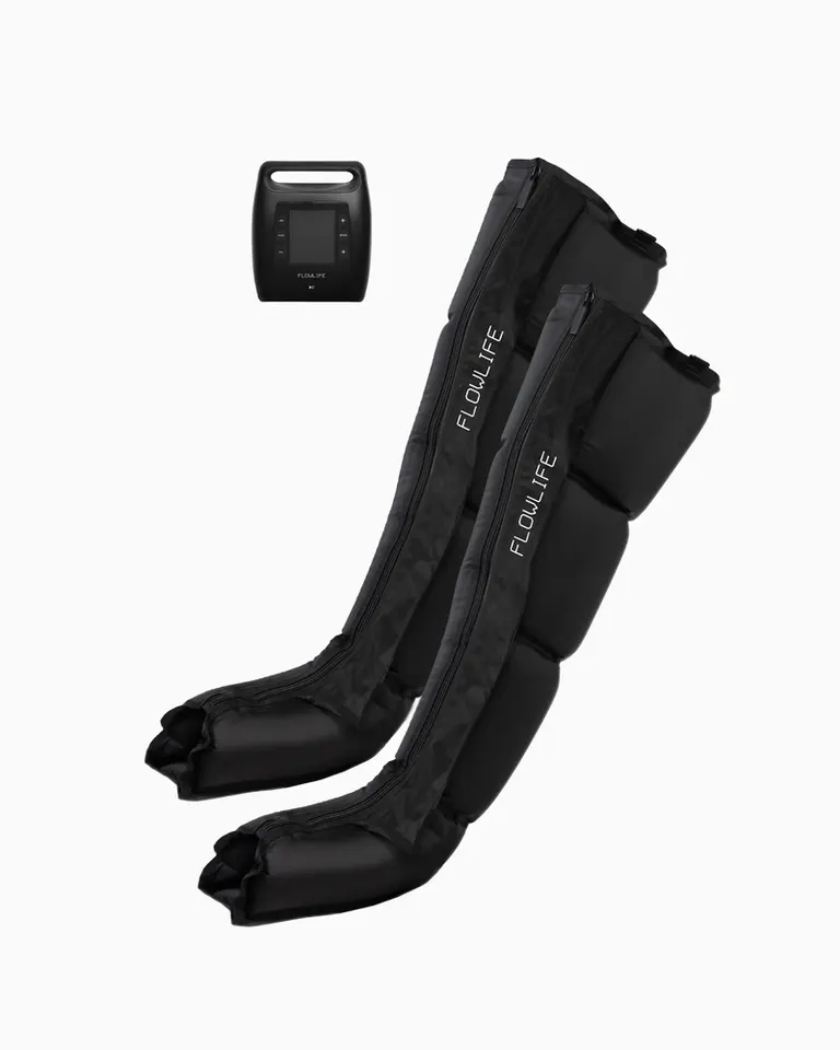 Flowpression Boots Pro+ in black with a digital control unit, designed for sequential compression therapy.