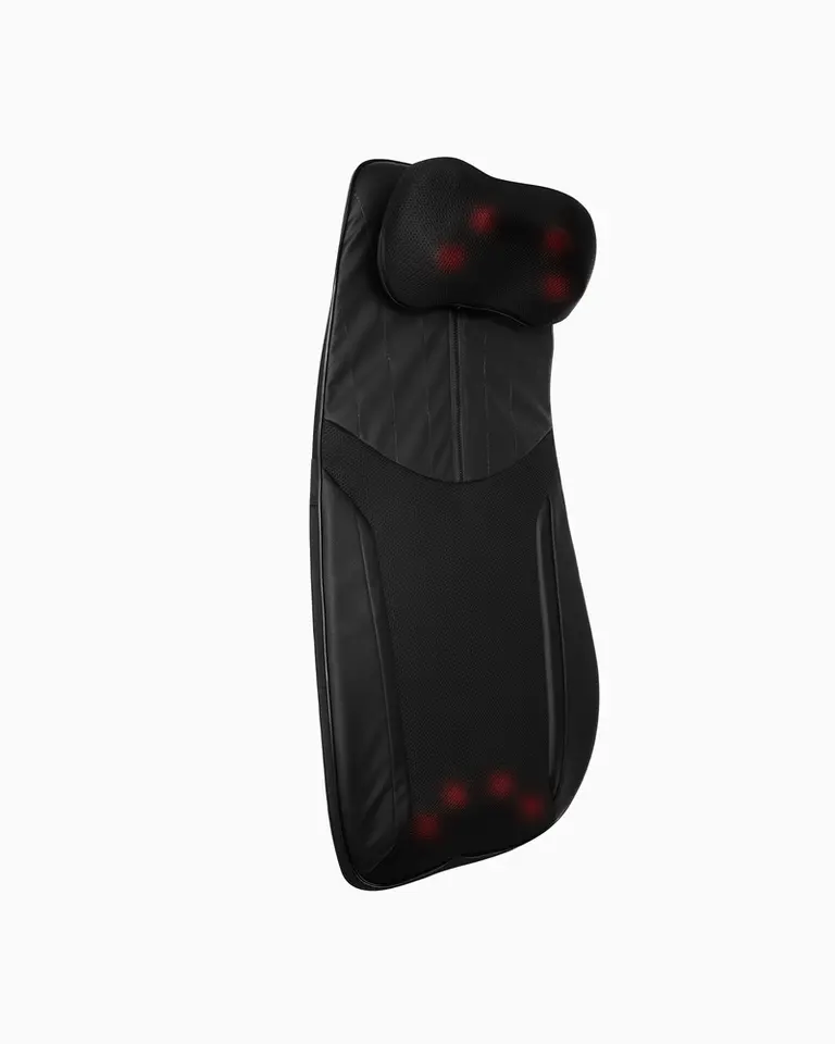 Black Flowseat Pro Reuse massage cushion featuring red-light therapy nodes on the headrest and lumbar support areas.