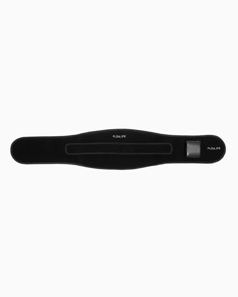 Flat layout of the black Flowtherma Belt Reuse, an ergonomic lumbar device for heat, vibration, and red-light therapy.