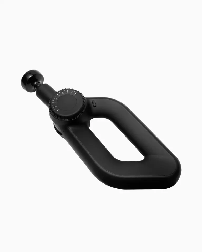 Flowgun Ultra massage gun with a black triangular grip and adjustable rotating arm for professional muscle recovery.