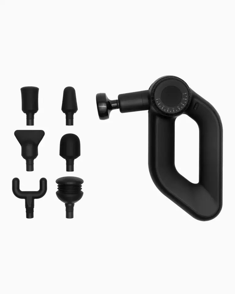 Black Flowgun Ultra massage gun features an ergonomic triangular grip and six interchangeable heads for muscle recovery.