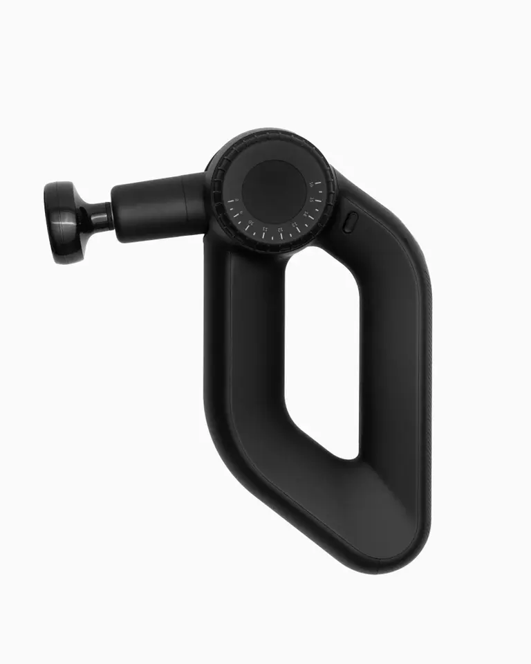 Flowgun Ultra professional massage gun in matte black, featuring a rotating arm and ergonomic triangular grip.