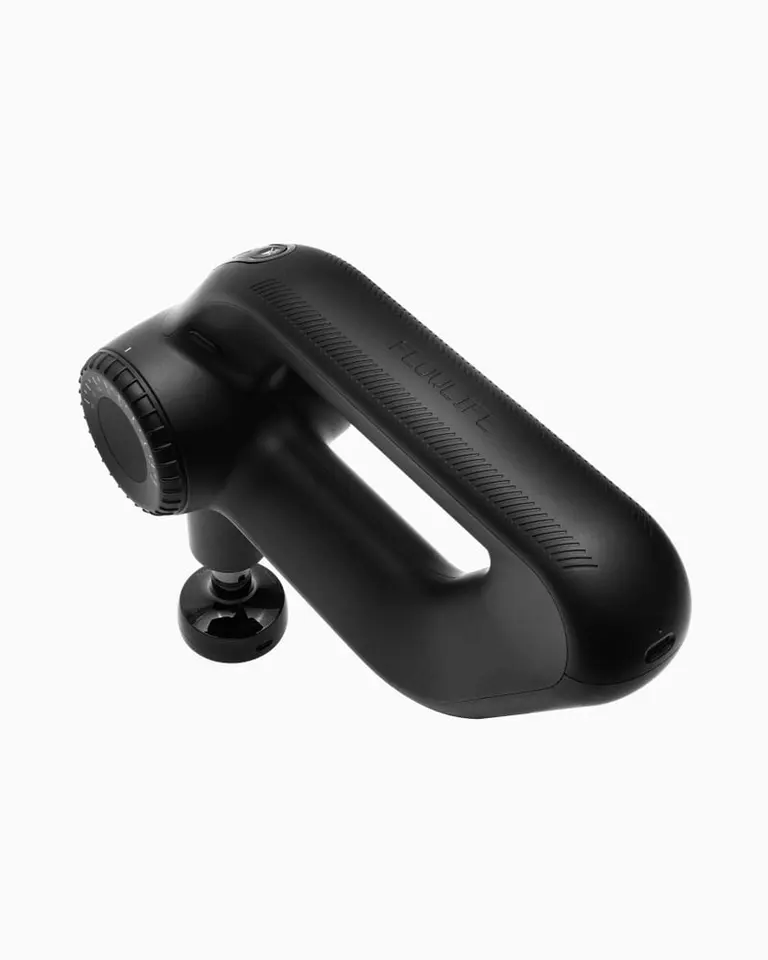 Black Flowgun Ultra professional percussion massage gun with an ergonomic triangular grip and rotating arm.