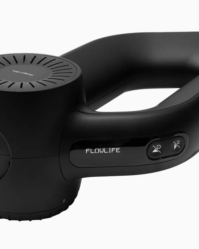 Black Flowgun Ultra featuring an OLED display, control buttons, and an ergonomic rotating arm for precision recovery.