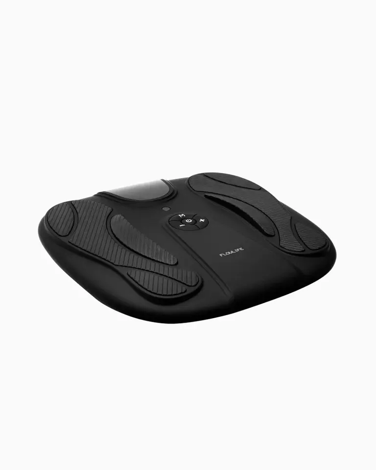 Flowtens Feet black foot stimulator with an integrated control panel, designed for TENS and EMS recovery therapy.