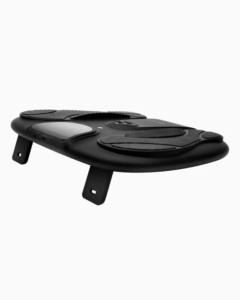 Flowtens Feet is a black TENS and EMS foot stimulator with textured pads and foldable legs for circulation and recovery.