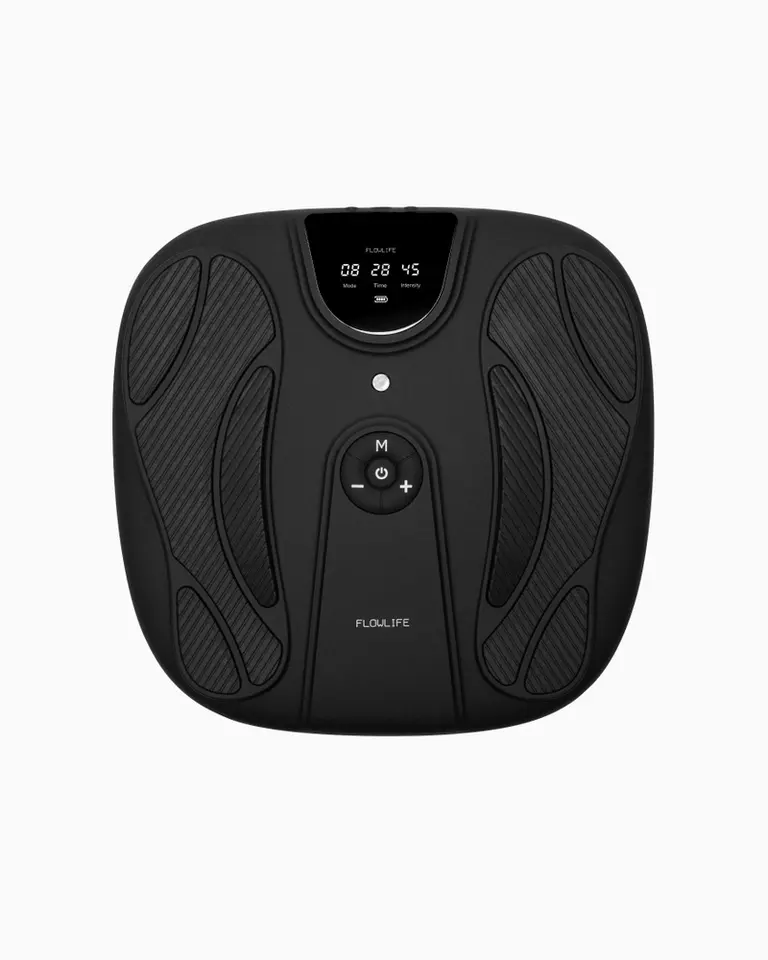 Top view of the black Flowtens Feet, a medically certified TENS and EMS foot stimulator with an integrated LCD display.