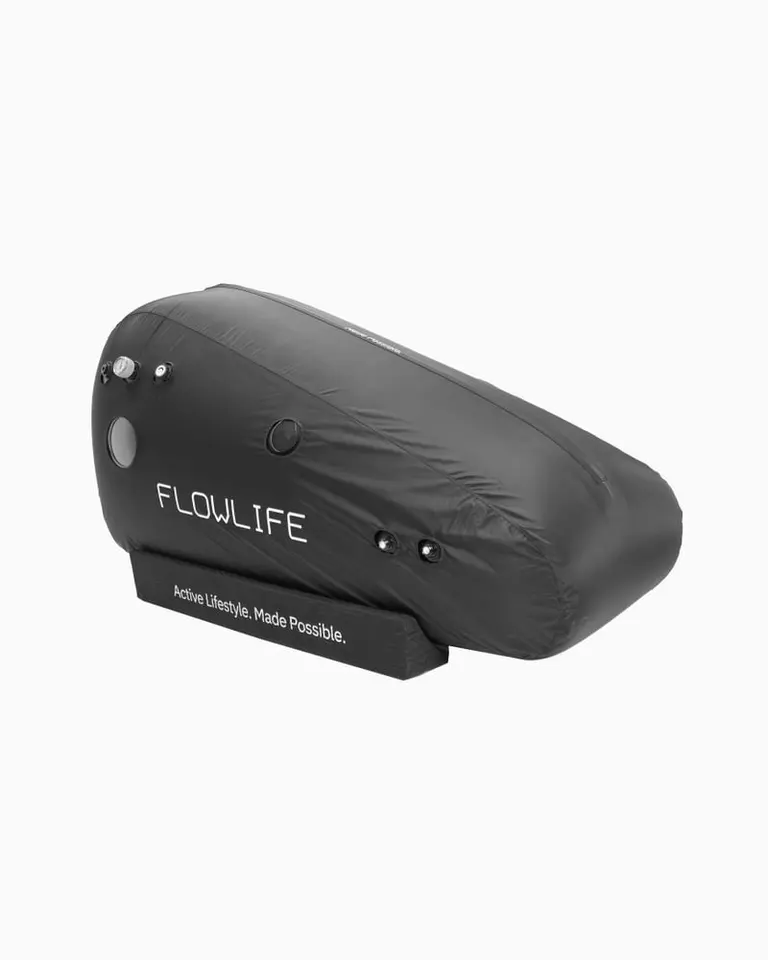 Black Flowchamber Oxygen Elite 226 Soft-Shell hyperbaric oxygen chamber with reinforced TPU fabric and white branding.