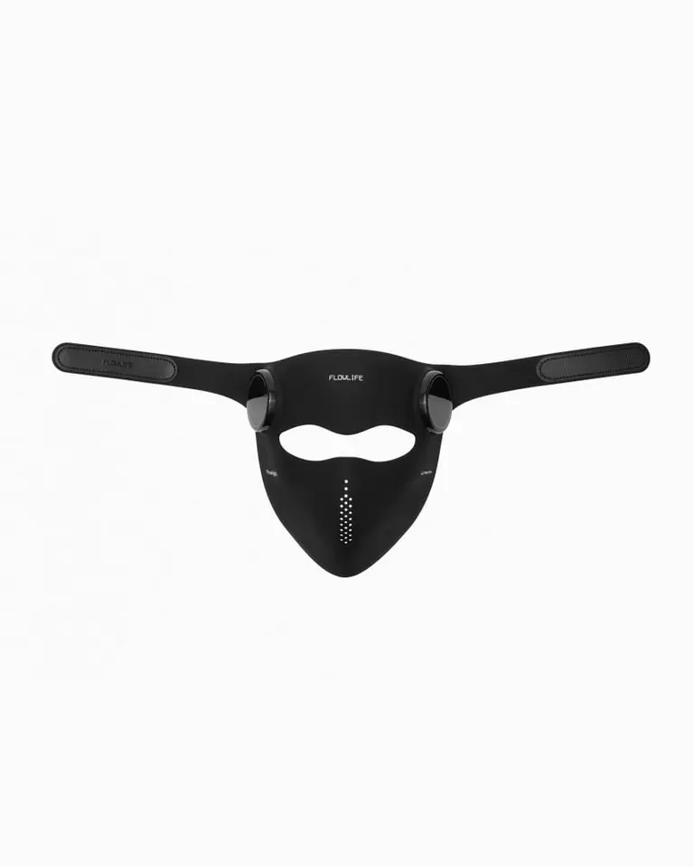 A front view of the black silicone Flowlight LED Mask Pro Two Waves, an LED red light therapy mask with extended straps.