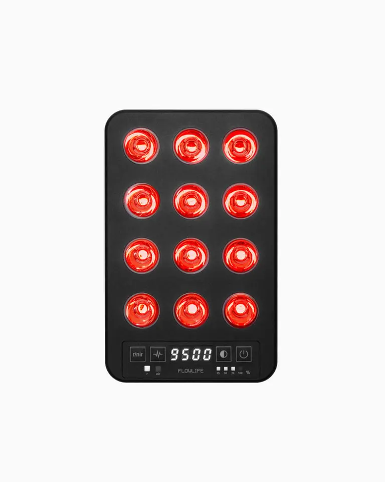 Flowlight Panel Go 60 Two Waves, a black portable red light therapy panel with glowing red LEDs and a digital display.
