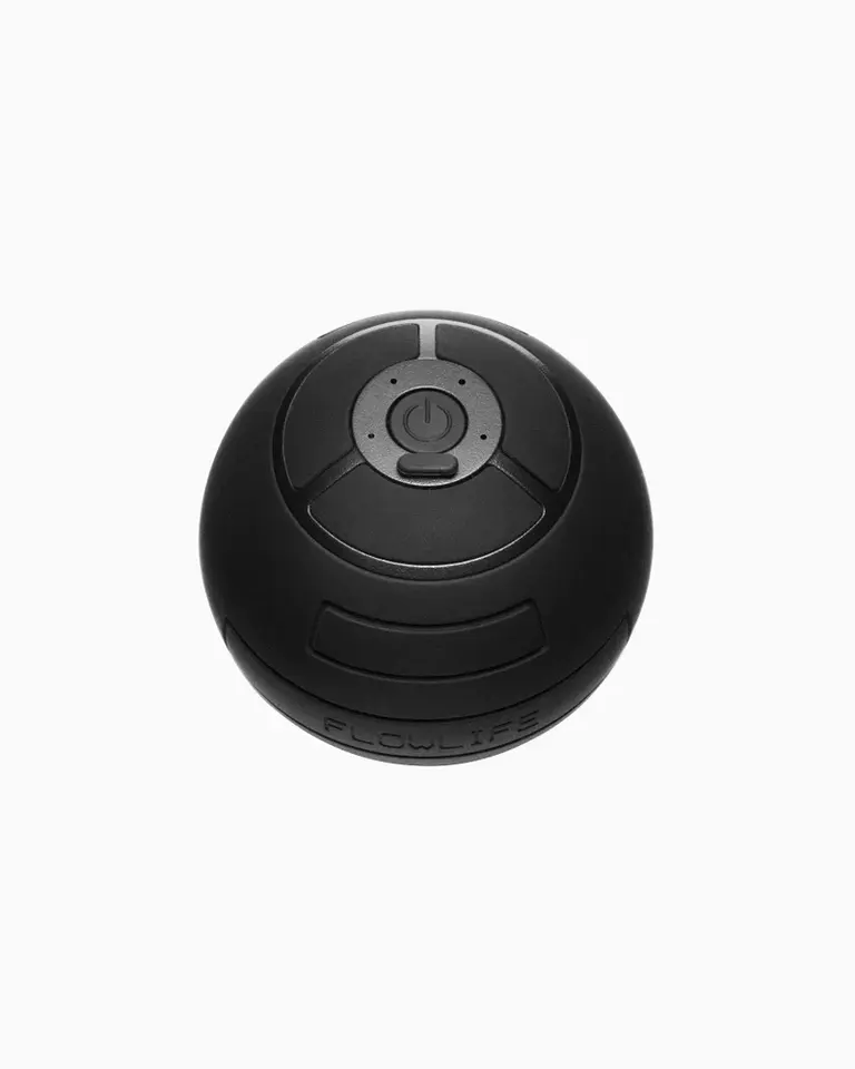 Black Flowroller Ball Go vibration massage ball with a silicone cover, shown in a top-down studio view.