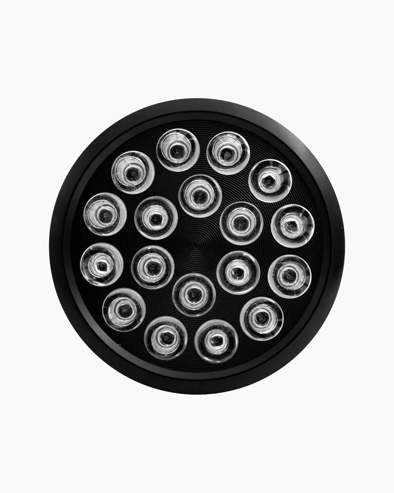 Front view of the Flowlight Bulb 50 Six Waves featuring eighteen clear LED lenses in a circular black housing.