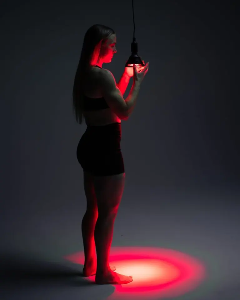 Flowlight Bulb 50 Six Waves held by a woman in athletic wear, emitting red light for targeted local muscle recovery.